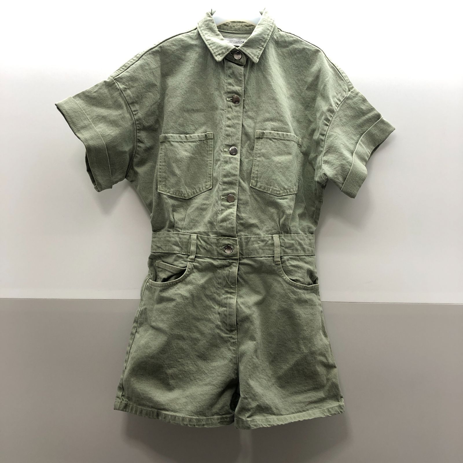 ZARA レディース デニム ジャンプスーツ 半袖 オールインワン Mサイズ カーキ グリーン系 SGKY26-0513