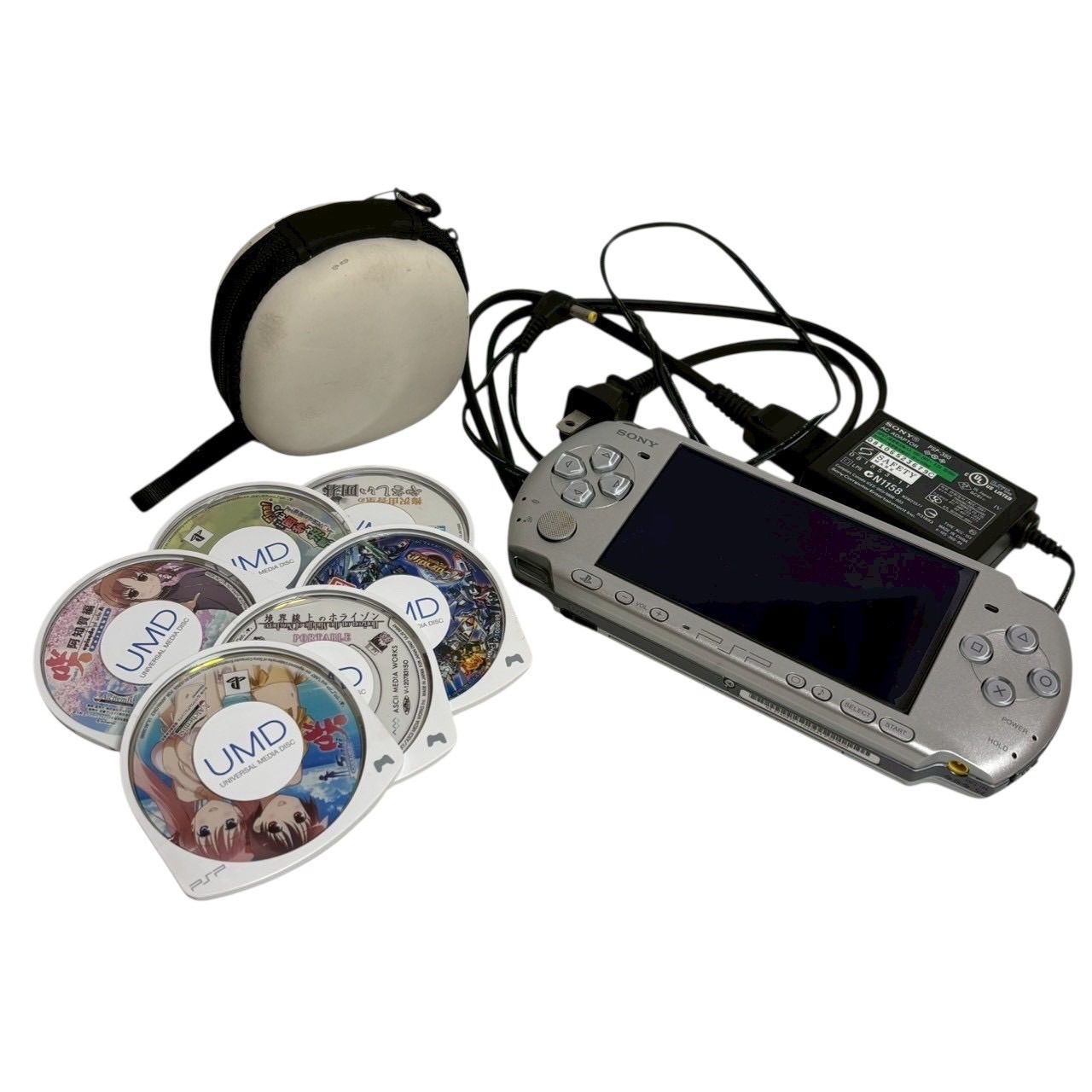 SONY PSP-3000 シルバー 本体 UMDソフト6枚 ケース付き 純正AC 