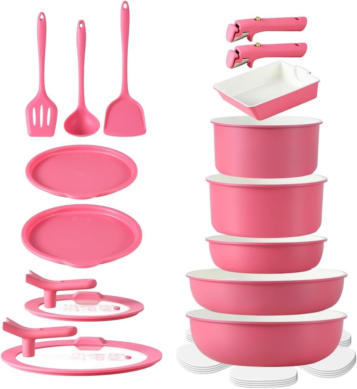 セット 19点 フッ素不使用 PFAS PTFE PFOA PFOS フリー IH対応 ガス火対応 5層構造 軽量 取っ手のとれる セラミックコート 立つ蓋 スタンド付き くっつきにくい 卵焼きフライパン 鍋セット 調理器具セット ピンク