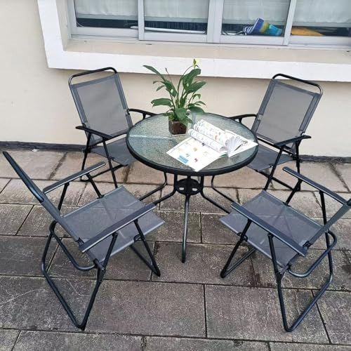迅速に発送 reilly アウトドア ガーデン ガラステーブル 強化ガラス 直径80 cm 椅子 4脚 傘 1本 パラソルホール付き 6点セット ガーデンテーブル 組立簡単 チェア折畳式 80 cmテーブル 4脚チェア 1本パラソル ブラック