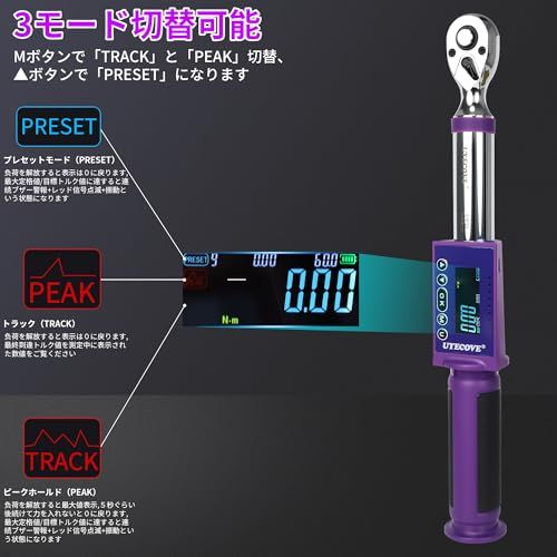 迅速に発送 デジタルトルクレンチ 3 8インチ 12 7 mm 60 Nm 高精度±2 大型LCD トルク数値プレセット 早い反応速度 3モード ピーク トラック スルー 5単位切替 データ保存500組 自動OFF アラート 防錆 耐久設計 校正証明書付