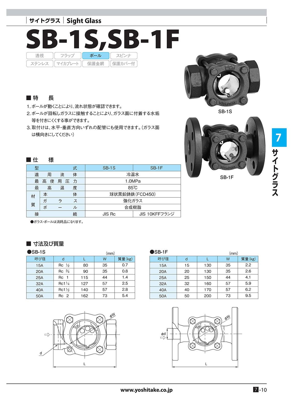 ヨシタケ サイトグラス ボール式 FCD製 最高圧力1 0 MPa ねじ込み接続 接続口径25 A 本体FCD 450 最高温度85℃ 型式SB 1 S 25