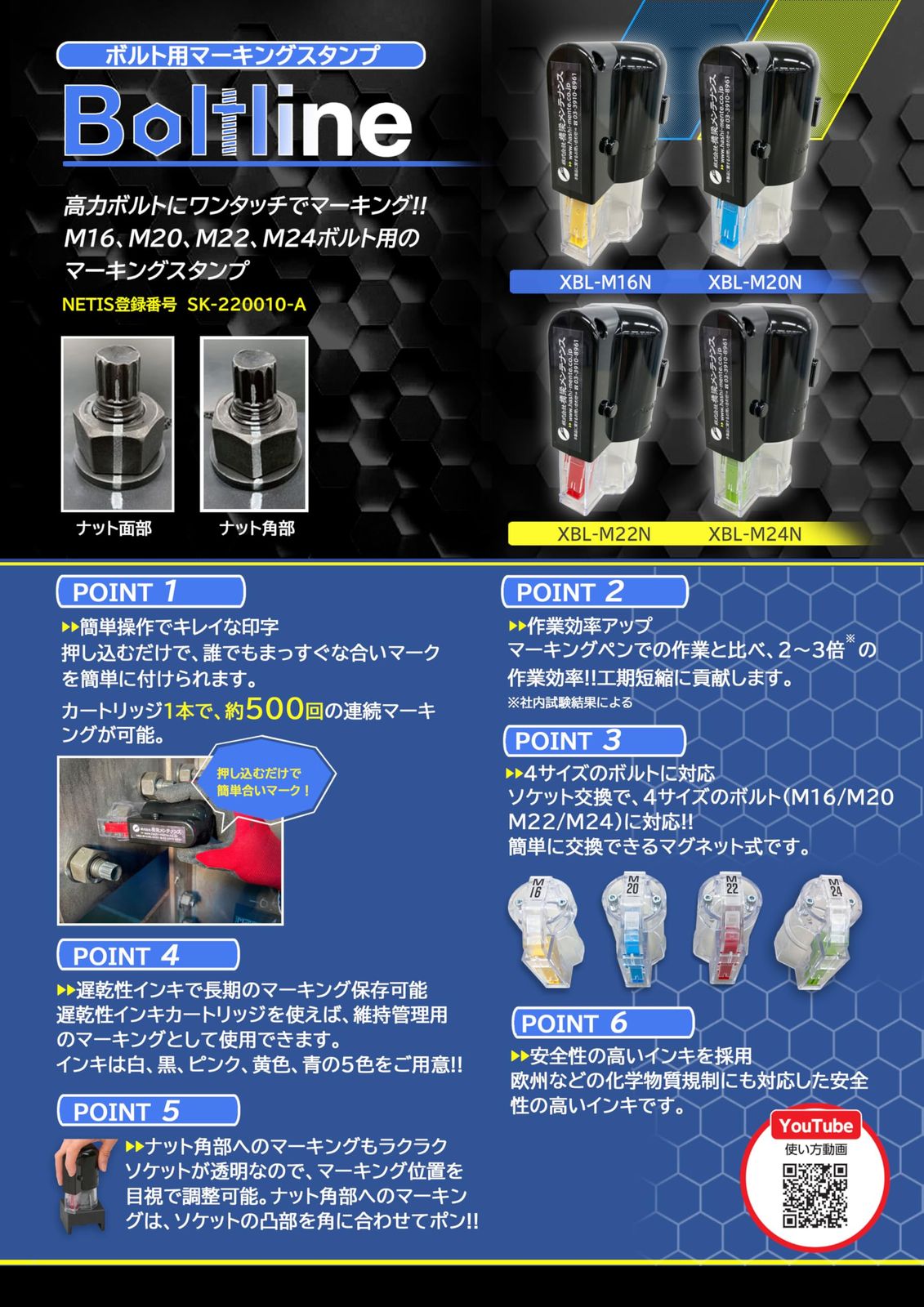 高力ボルト用マーキングスタンプ ボルトライン～Boltline～ XBL M 24 N 本体 インキカートリッジは