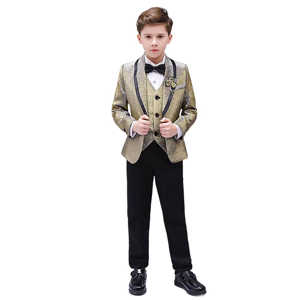 cnstone 子供用 フォーマルスーツ 5点セット メタリック 演出服 タキシード ジャケット ベスト パンツ 蝶ネクタイ ブローチ付き キッズ ステージ衣装 結婚式 発表会 演奏会用 ゴールド 150 CM