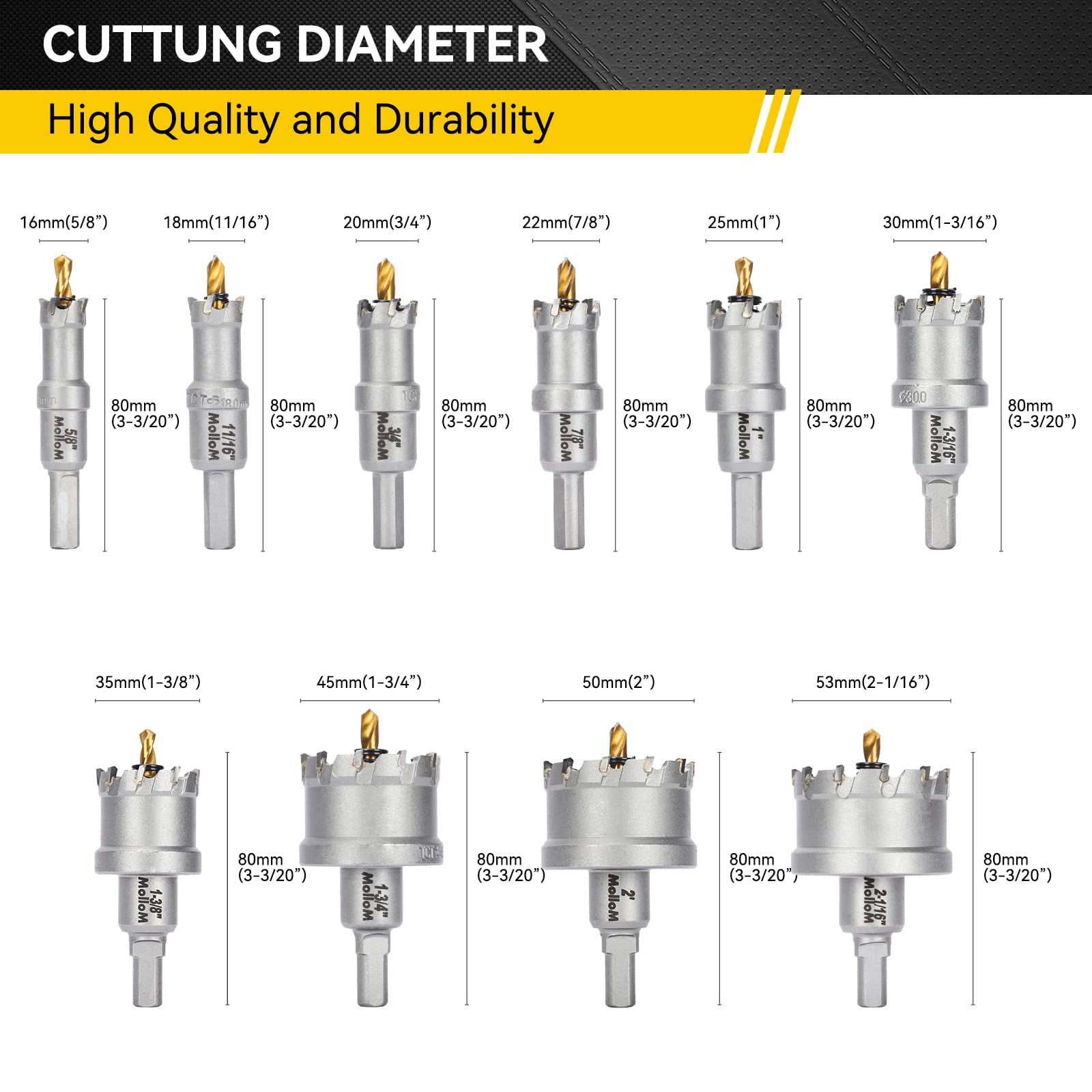 Mollom 10点セット 16～53 mm TCTカーバイドホールソーキット ハードメタル用 10点ホールカッター 5点追加パイロットドリルビット 3点ヘックスキー ステンレス鋼 鉄 アルミニウム 合金 金属用