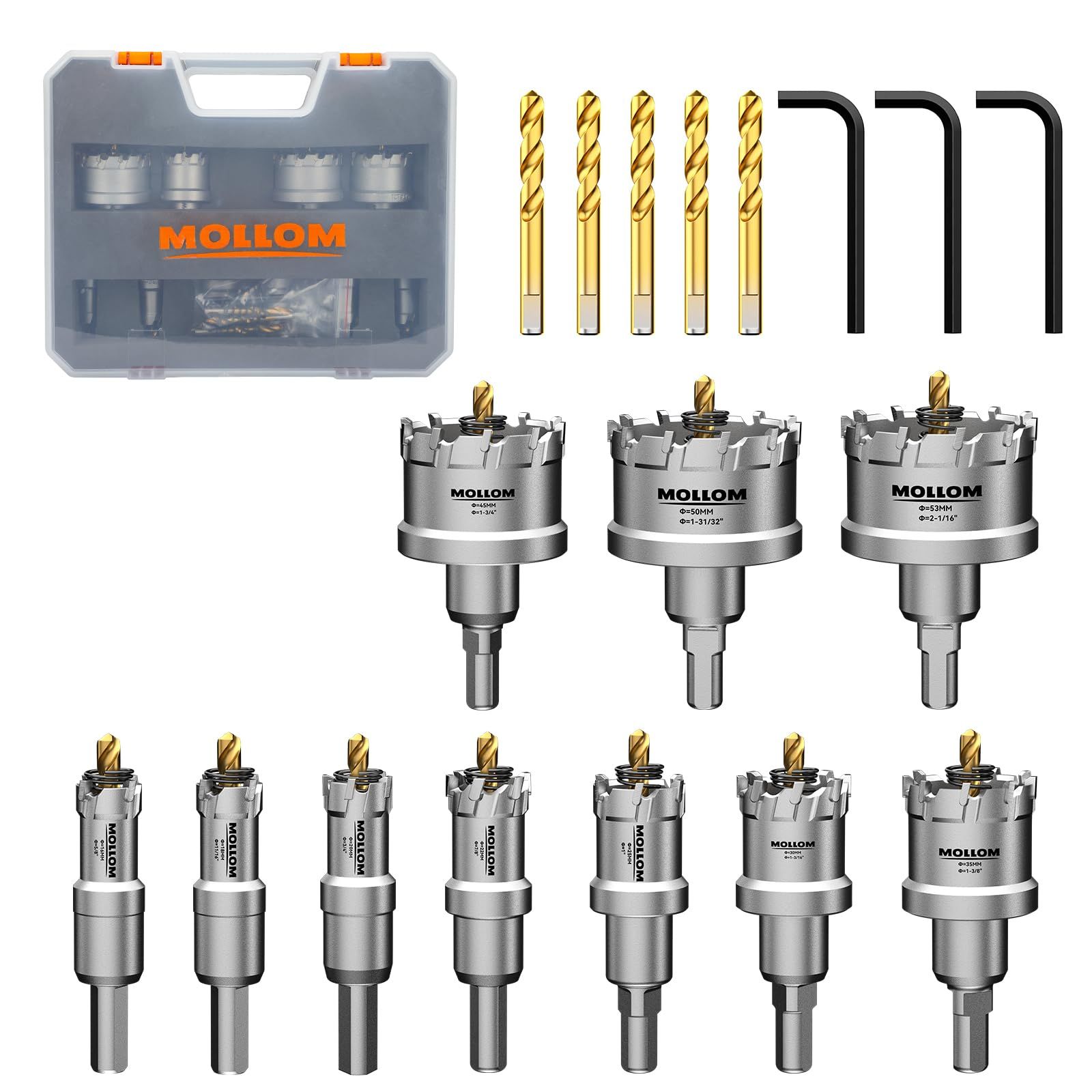 Mollom 10点セット 16～53 mm TCTカーバイドホールソーキット ハードメタル用 10点ホールカッター 5点追加パイロットドリルビット 3点ヘックスキー ステンレス鋼 鉄 アルミニウム 合金 金属用
