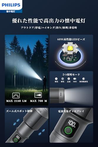 PHILIPS 懐中電灯 led ライト 大型 高輝度 2150ルーメン 700メートル 5つ調光モード フォーカスコントロール ハンディライト Type C充電式 IP 55防水 大容量電池 アルミ合金製 耐衝撃 アウトドア 防災 停電対策 SFL 51