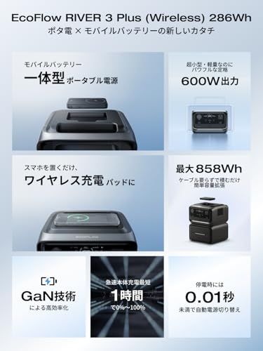 迅速に発送 EcoFlow RIVER 3 Plus Wireless ポータブル電源 286 Wh容量 ワイヤレス充電 GaN採用 UPS機能10 ms リン酸鉄リチウムイオン電池 長寿命 AC定格600 W サージ1200 30 dB静音 X guard電