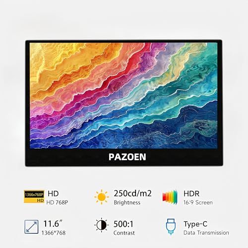 PAZOEN モバイルディスプレイ11 6インチ 1366 x 768 p HD 16 9画像比 非光沢パネル 薄型 軽量 サブモニター 小型モニター 隠しブラケット 内蔵スピーカー VESA対応 USB Type C Mini HDM 3 bdc 6 af 0