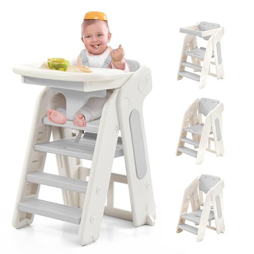 KOOPRO ベビーチェア ハイチェア 食事テーブル 5点式ベルト付き 踏み台 3段 2段 可変式 手すり付き 子ども用 ラーニングタワー 折りたたみ キッズステップ台 耐荷重 40 kg 1?6歳 幼児 赤ちゃん 子供用イス 多機 a 0227 f 68