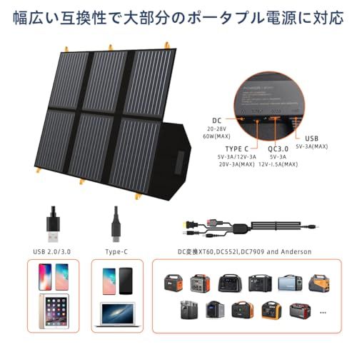 迅速に発送 FlexSolar 60 w ソーラー パネルQC 3 0 USB A C DC 5521 8 mm 出力太陽光パネル 折りたたみ式 ソーラーチャージャー ポータブル電源充電器高変換効率 薄型 IP 67 防水防塵対応緊急キャンプ小さな発電所発電機