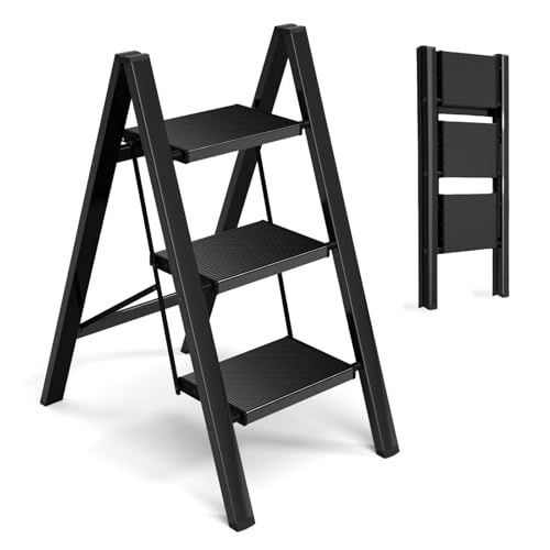 迅速に発送 脚立 3段 アルミ製 折りたたみ式 スタイリッシュで軽量 収納スペースが少ない ステップスツール 最大150キログラムの耐荷重 滑り止め付き 広いアルミ製ステップ 屋内外で使用 ピアノブラック 3段階