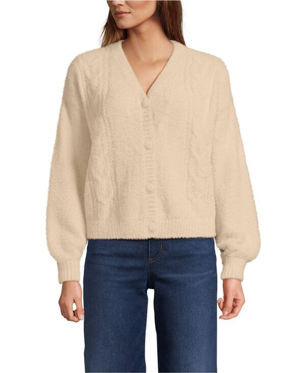 ランズエンド レディース アウター ニット・セーター セーター カーディガン Lands End Womens Fuzzy Eyelash Cable Cardigan Sweater Champagne シャンパン