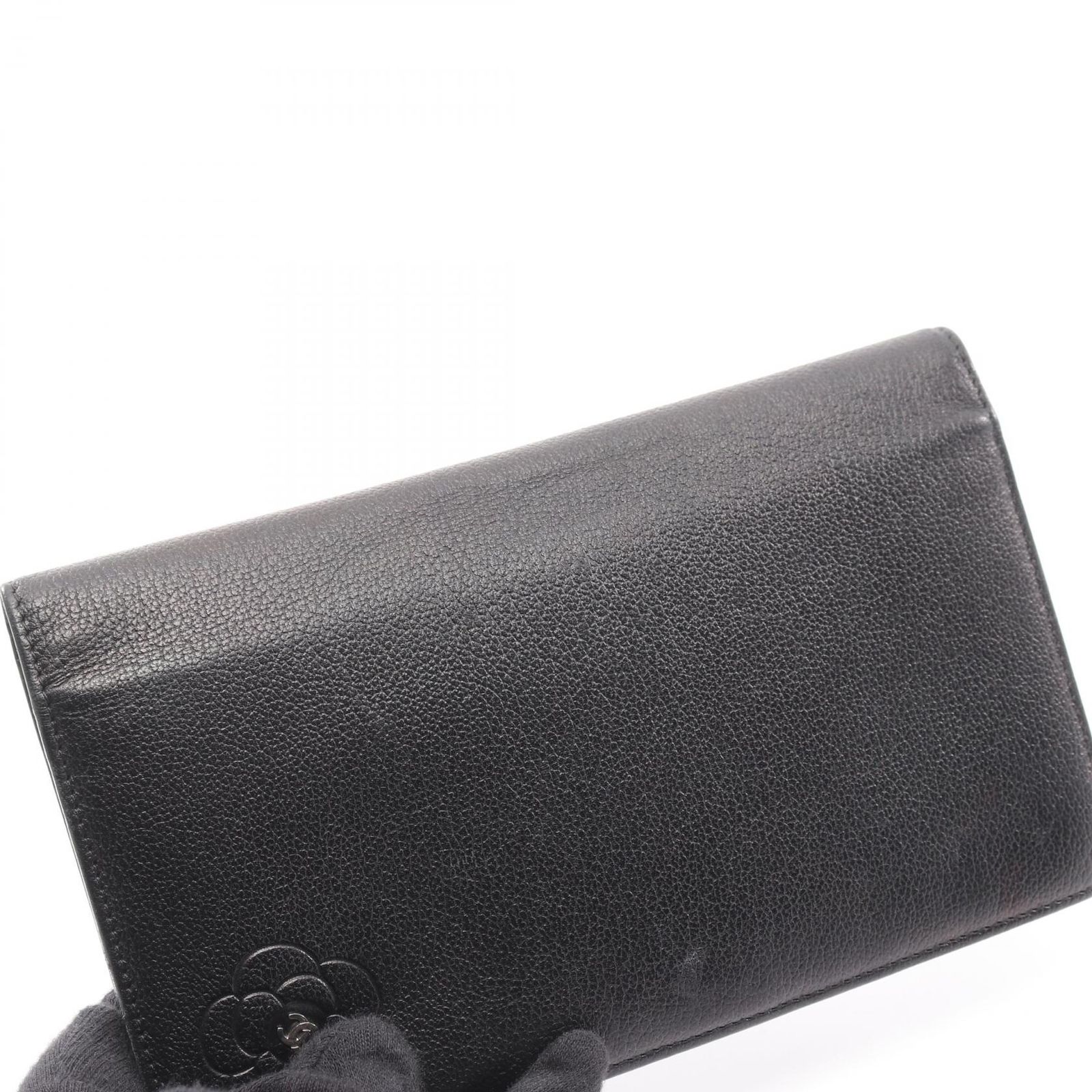 シャネル CHANEL 二つ折り長財布 カメリア ブラック レザー カメリア 