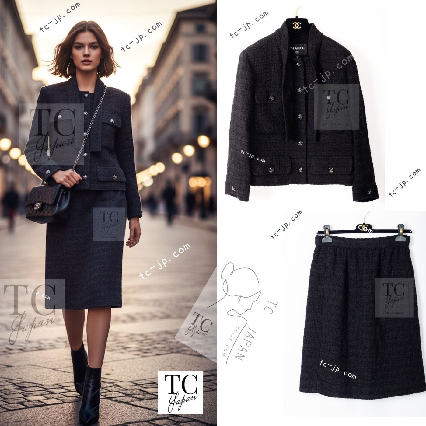 シャネル ジャケット スーツ CHANEL ブラック 黒 リボン ココボタン 春