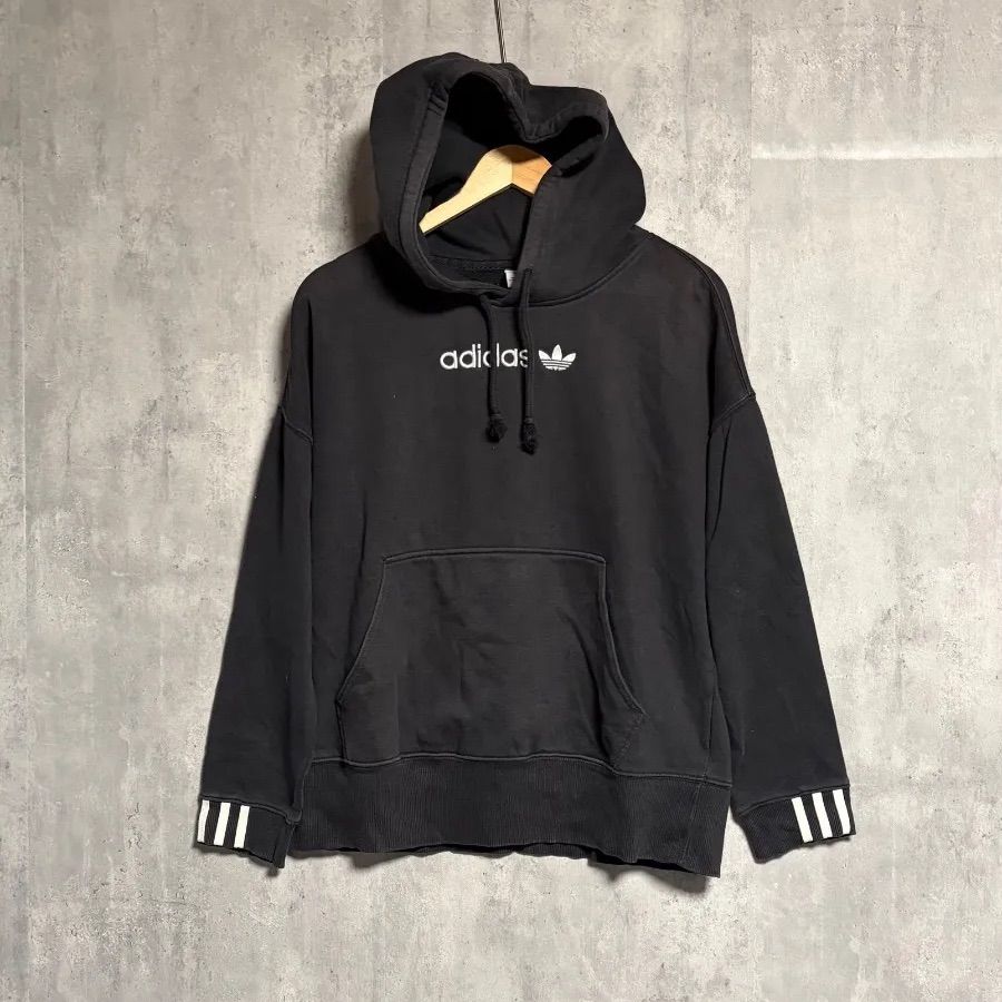 adidas アディダス 刺繍ロゴ スウェット パーカー フーディ ブラック 