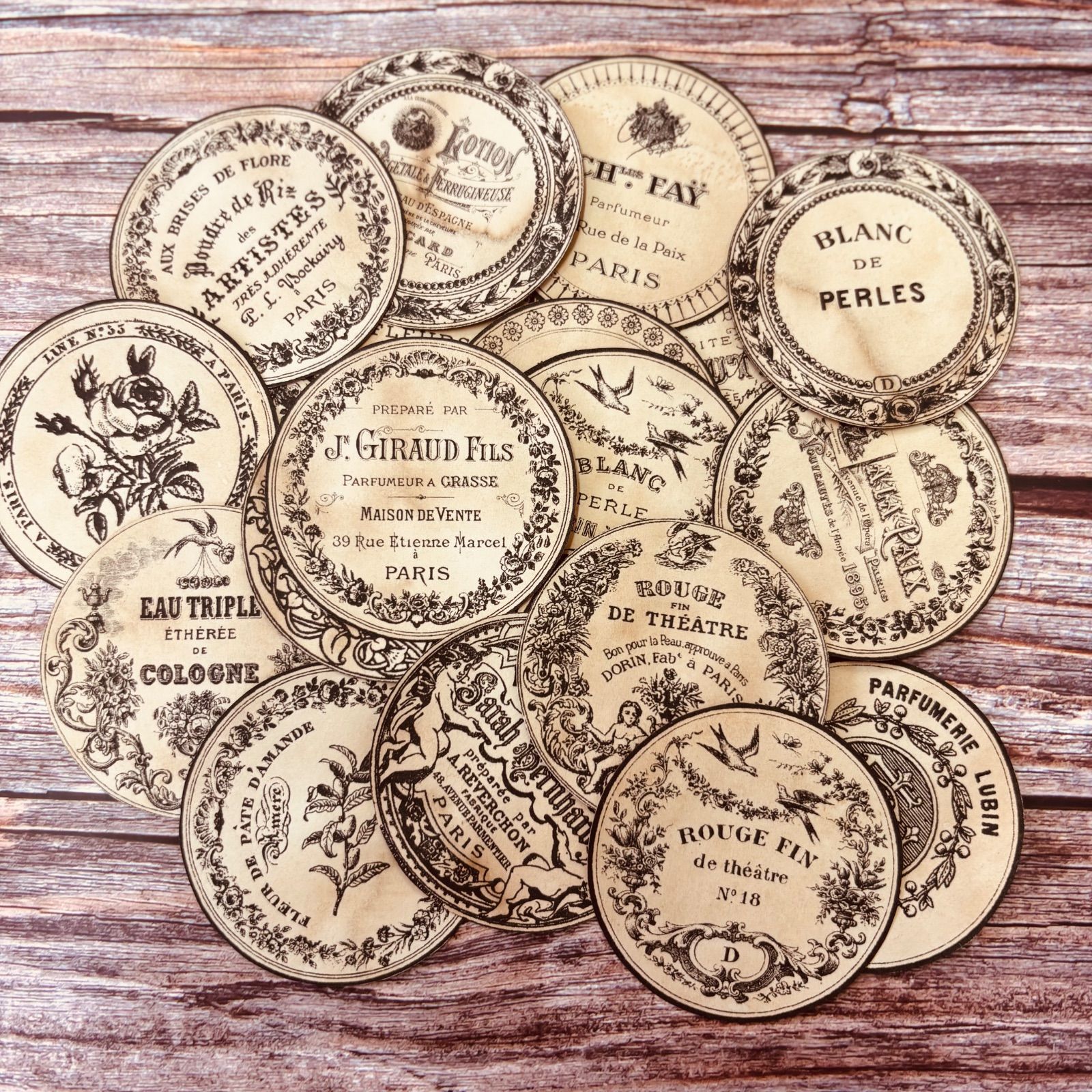 コーヒー染めラベル24枚 丸ラベル コラージュ ラッピング リメ缶 リメ