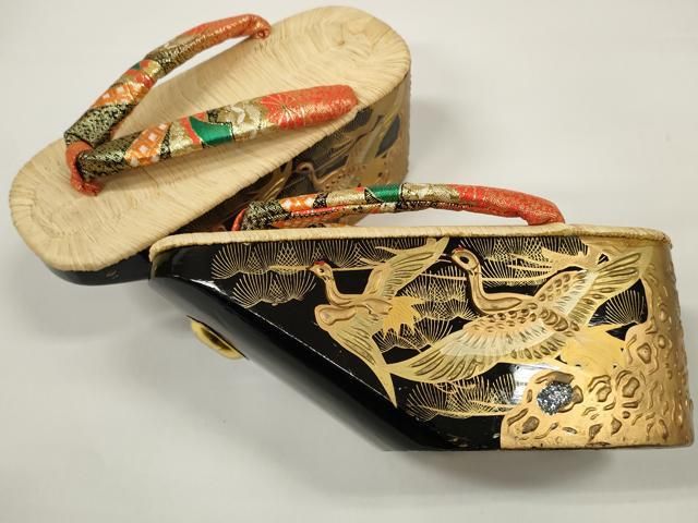 平和屋着物●極上　和装小物　ぽっくり下駄　こっぽり・おこぼ下駄　畳表　金蒔絵　群れ鶴松文　21.0cm　逸品　未使用　DZAA11711kh6