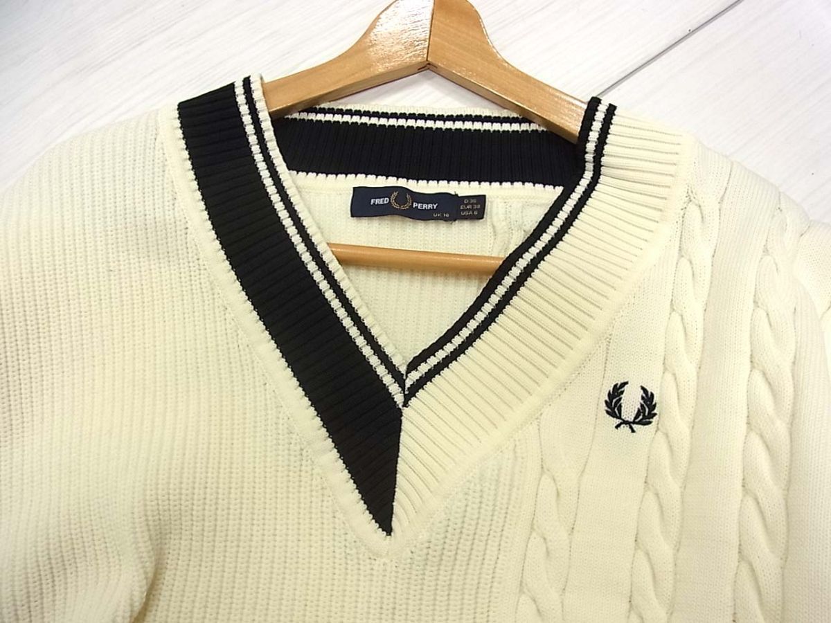 美品◇FRED PERRY フレッドペリー ケーブルニット パネルジャンパー 