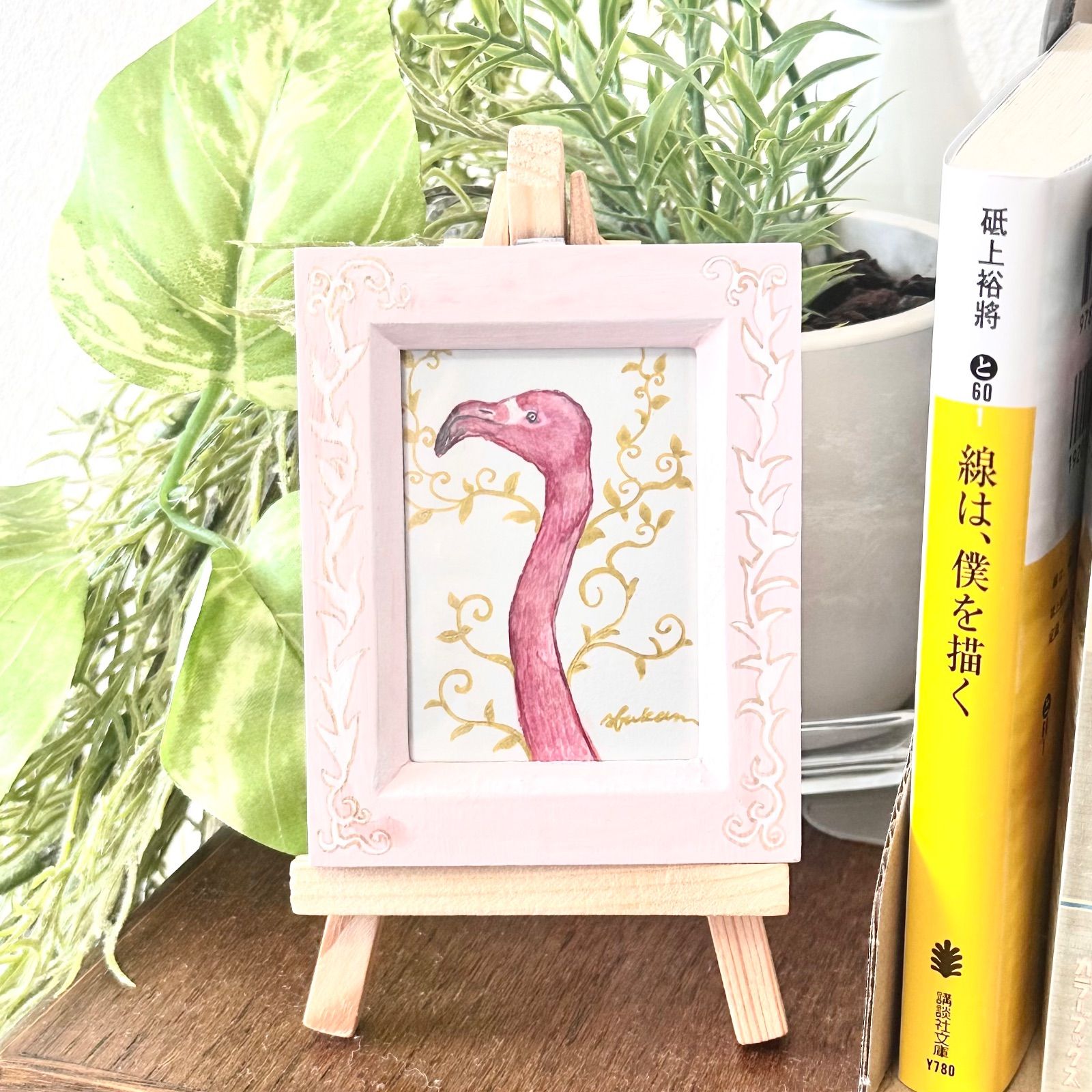 原画｜フラミンゴと金の唐草｜シュミンケホラダム使用｜手塗り額装