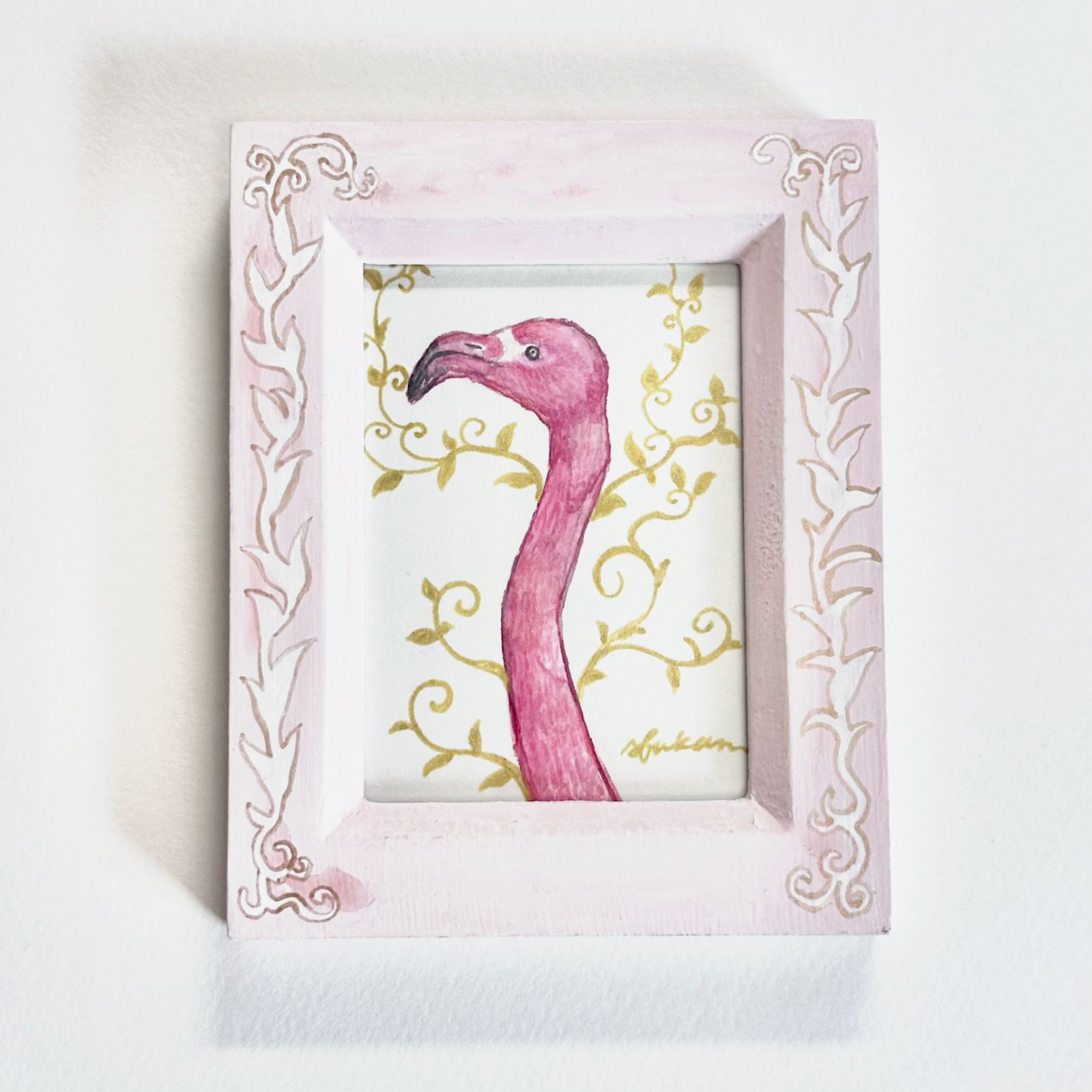 原画｜フラミンゴと金の唐草｜シュミンケホラダム使用｜手塗り額装