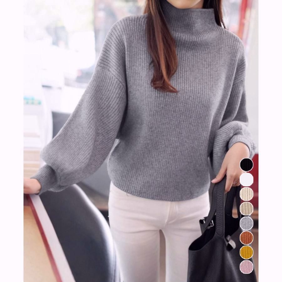 【送料無料】韓国風リブニットトップスハイネックニット【ネコポス投函】