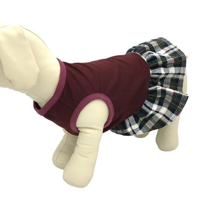 完成品 / ジャージ 名入れ ワンピース 犬服 ペット服 エンジ チェック