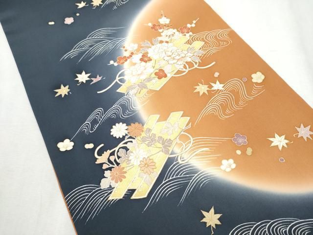 平和屋着物●塩瀬　太鼓柄袋帯　駒刺繍　花筏文　金彩　正絹　逸品　CABD5801hy 平和屋着物○塩瀬 太鼓柄袋帯 駒刺繍 花筏文 金彩 正絹 逸品