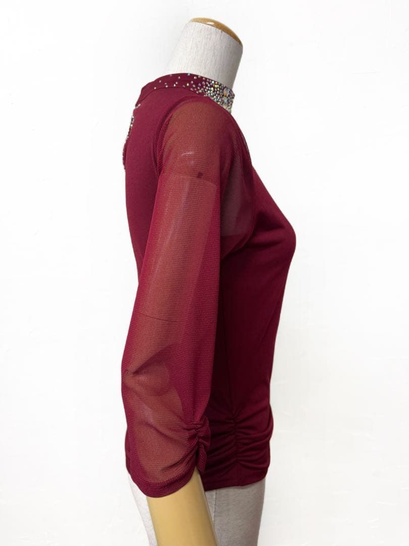 ラインストーン】新品社交ダンス ハイネックデザインカットソーワイン