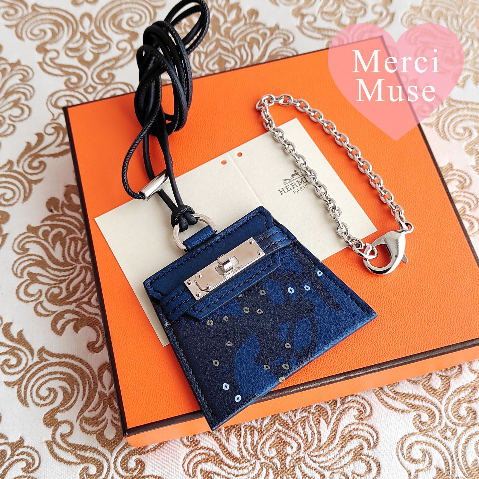 ❤未使用品❤日本限定 西陣織柄 モンプティケリーキュイーブルネックレス ブルーｘシルバー金具エルメス MerciMuse メルシーミューズ