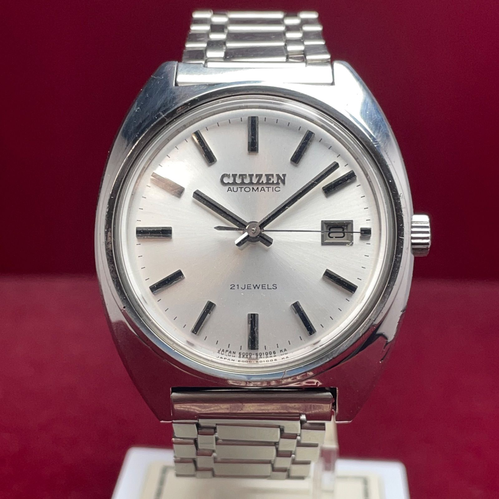  OH済 CITIZEN シチズン 自動巻 21石 純正ブレス 風防 交換済 ヴィンテージ アンティーク 腕時計 稼働品 デイデイト 純正リューズ ホワイト系 自動巻き時計 腕時計(アナログ)