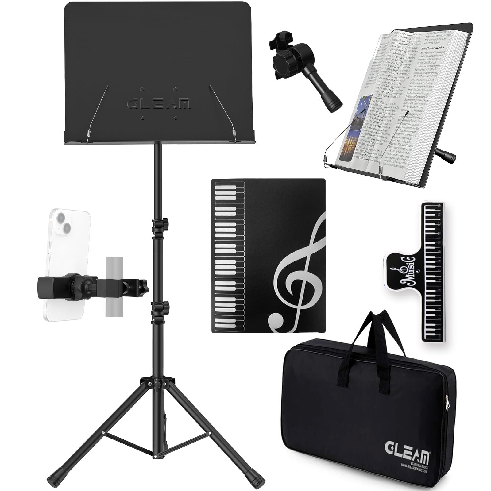新品 GLEAM 譜面台 - 楽譜スタンドメタルキャリングバッグ付き 2つの功能 楽譜ファイル付 楽譜クリップ付 収納バッグ付 読書台 筆記台 スペクトルスタンド 三脚 楽譜たて 4,572円