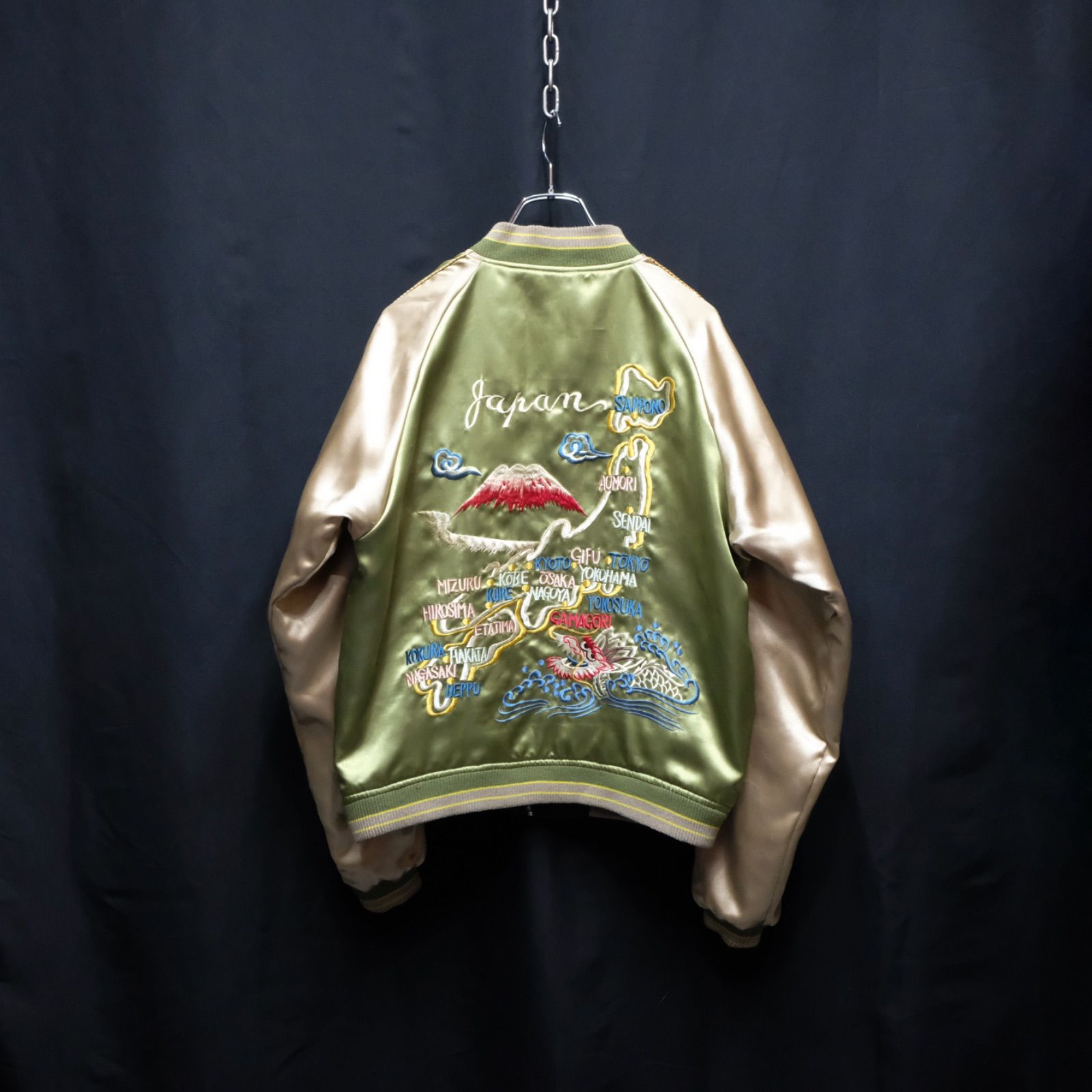 90's 龍/マップ刺繍 リバーシブルサテンスカジャン 双龍 白龍 日本地図