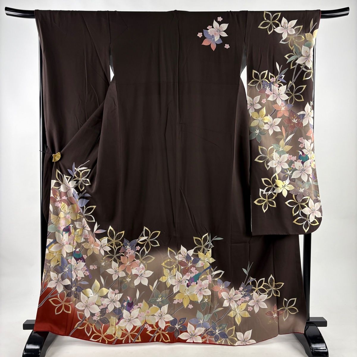 振袖 身丈166cm 裄丈69cm L 袷 枝花 鳥 金糸 金銀彩 焦茶色 正絹 名品