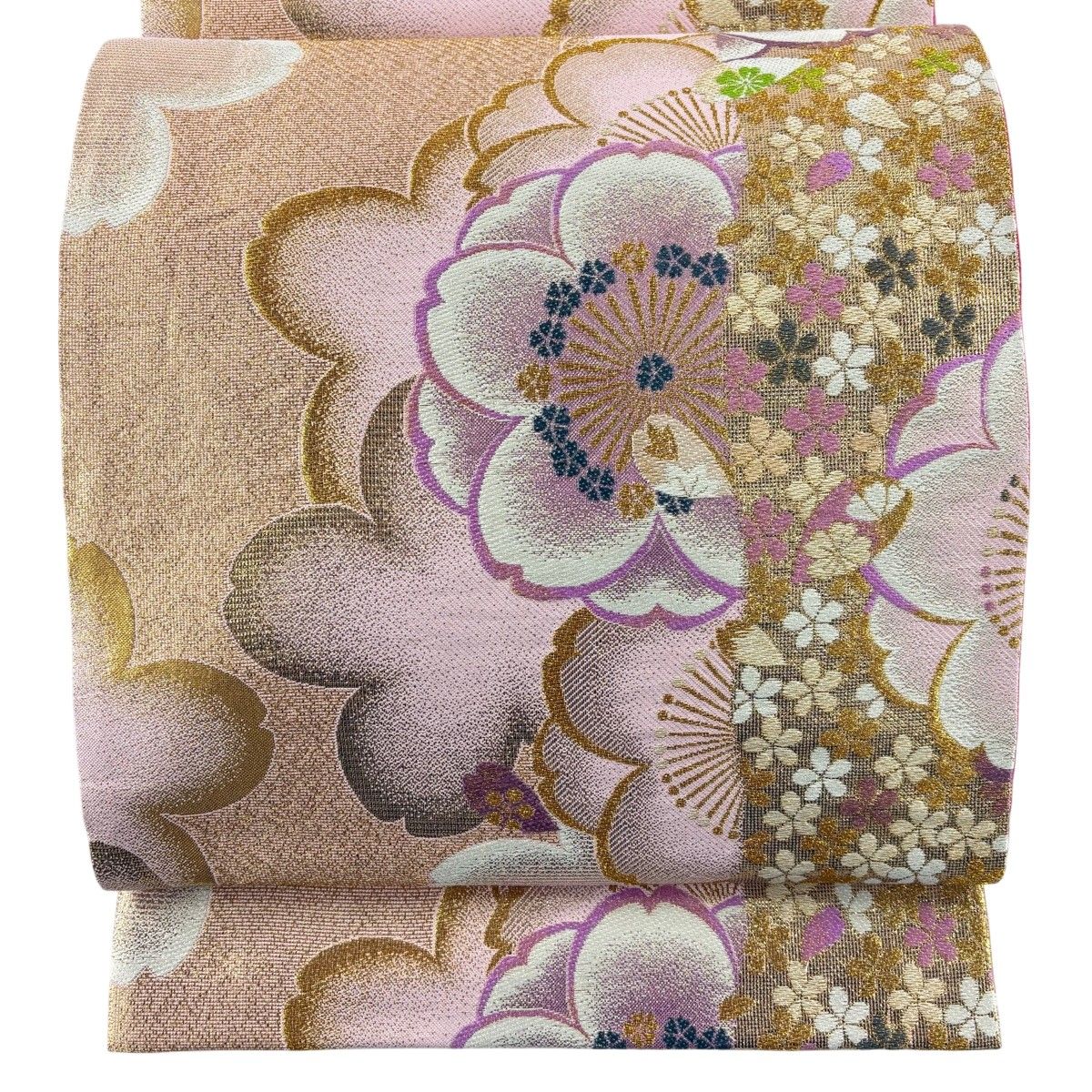美品】 袋帯 秀品 振袖向き やまと 桜 箔 金糸 ピンク 六通 正絹