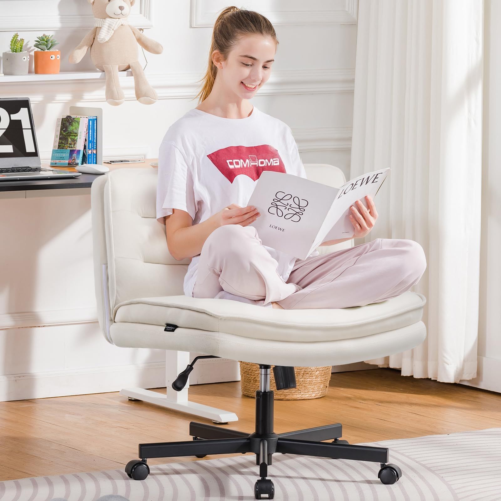 COMHOMA デスクチェア あぐら ソファチェア オフィスチェア Beige 疲れない椅子 90°~130°ロッキング角度 肘掛けなし 座面広い ホイール付き回転 10cm高さ調節 PUレザー 軽快な小型のソファ 一人掛け 小さなスペース ベルベッ