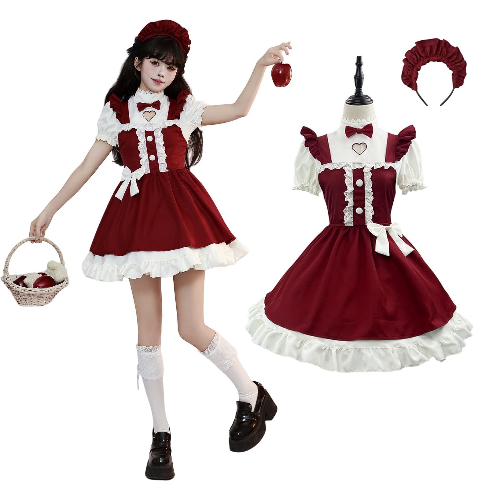 CR ROLECOS レッド メイド服 大きいサイズ レディース 可愛い コスプレ 衣装 ヴィンテージ ドレス リボン レース レトロ 3XL 4XL 5XL 赤 秋冬 写真用 大人 サンタ ワンピース クリスマス コスチューム タイプ 4 XL