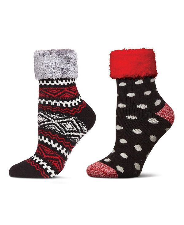 メモイ レディース アンダーウェア 靴下 プラスサイズ MeMoi Womens 2 Pair Pack Plush NonSkid Cabin Crew Socks Black ブラック