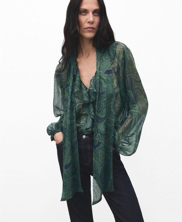 マンゴ レディース トップス シャツ プリント ブラウス MANGO Womens PaisleyPrint Foulard Blouse Green グリーン