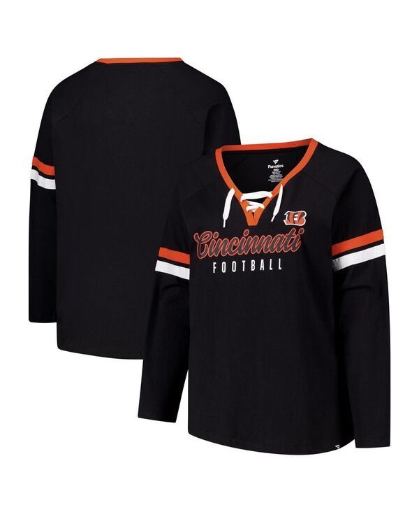 ファナティクス レディース トップス Tシャツ Vネック プラスサイズ レース Fanatics Womens Black Cincinnati Bengals Plusize Won Done LaceUp VNeck Long Sleeve TShirt