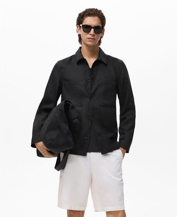 マンゴ メンズ アウター ジャケット・ブルゾン リネン ジャケット MANGO Mens LinenBlend Pockets Jacket Black ブラック