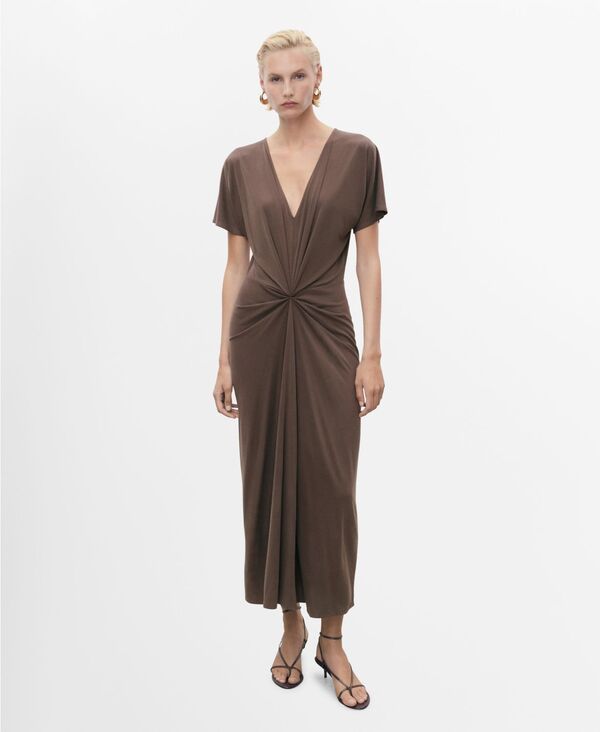 マンゴ レディース トップス ワンピース Vネック MANGO Womens Gathered Neckline VNeck Dress Brown ブラウン