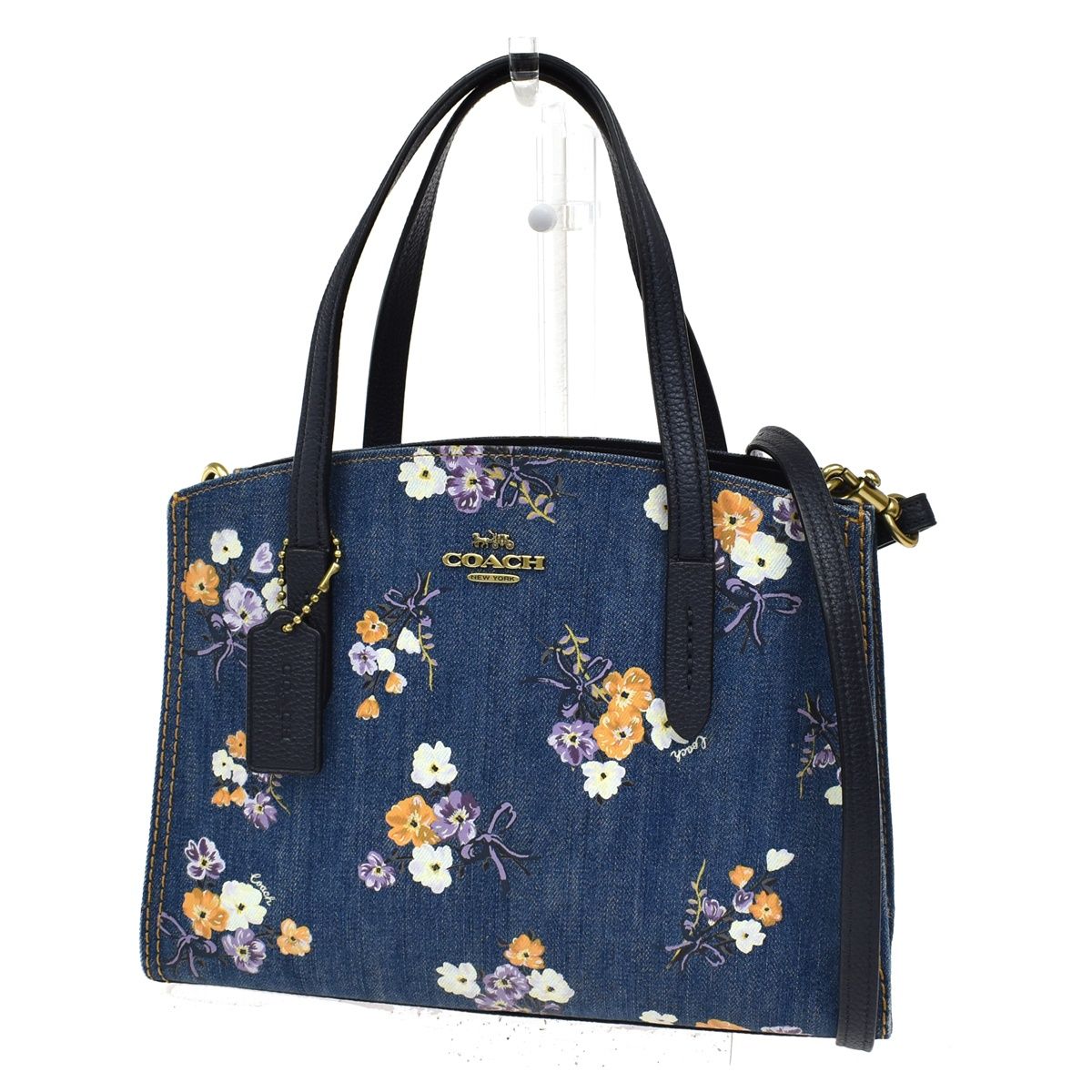 COACH コーチ ハンド ショルダーバッグ 2WAY デニム 花柄 ネービー