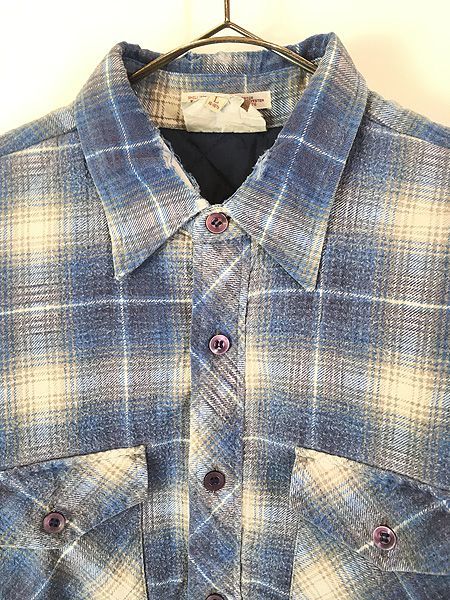 古着 80s Huntng Club ブルー オンブレ シャドー チェック パデッド キルティング フランネル シャツ ジャケット L 