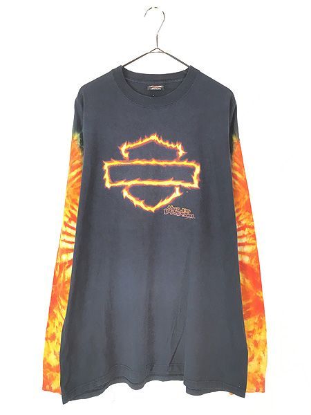 古着 00s USA製 HARLEY DAVIDSON ファイヤー バーu0026シールド タイダイ 長袖 Tシャツ ロンT XL 古着 