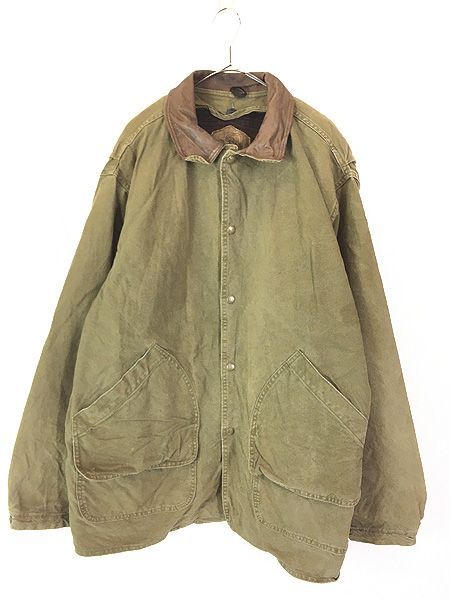 古着 90s USA製 WoolRich 本革 レザー襟 オリーブ ダック ハンティング
