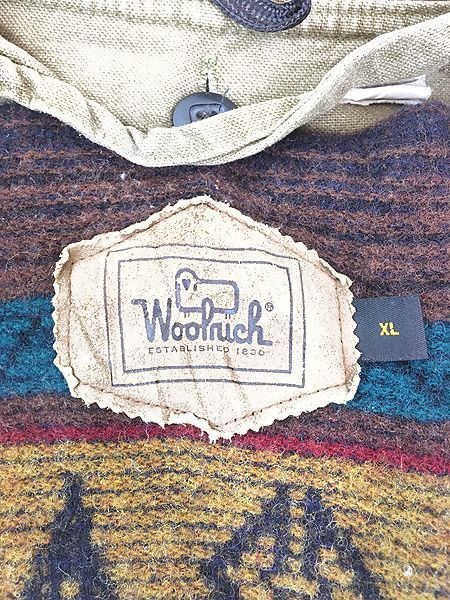 古着 90s USA製 WoolRich 本革 レザー襟 オリーブ ダック ハンティング