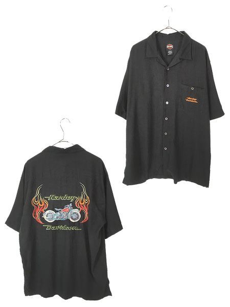 古着 HARLEY DAVIDSON バイク 刺しゅう 半袖 開襟 ブラック シルク シャツ L 古着 7,161円