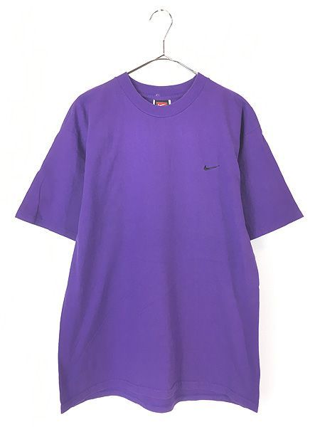 古着 USA製 NIKE スウォッシュ ワンポイント ソリッド Tシャツ 紫 M 古着