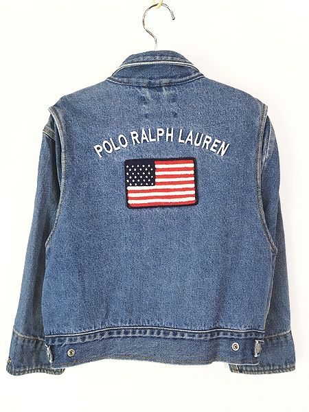 キッズ 古着 90s Polo Ralph Lauren 星条旗 パイルワッペン ブルー デニム ワーク ジャケット Gジャン 7歳 古着